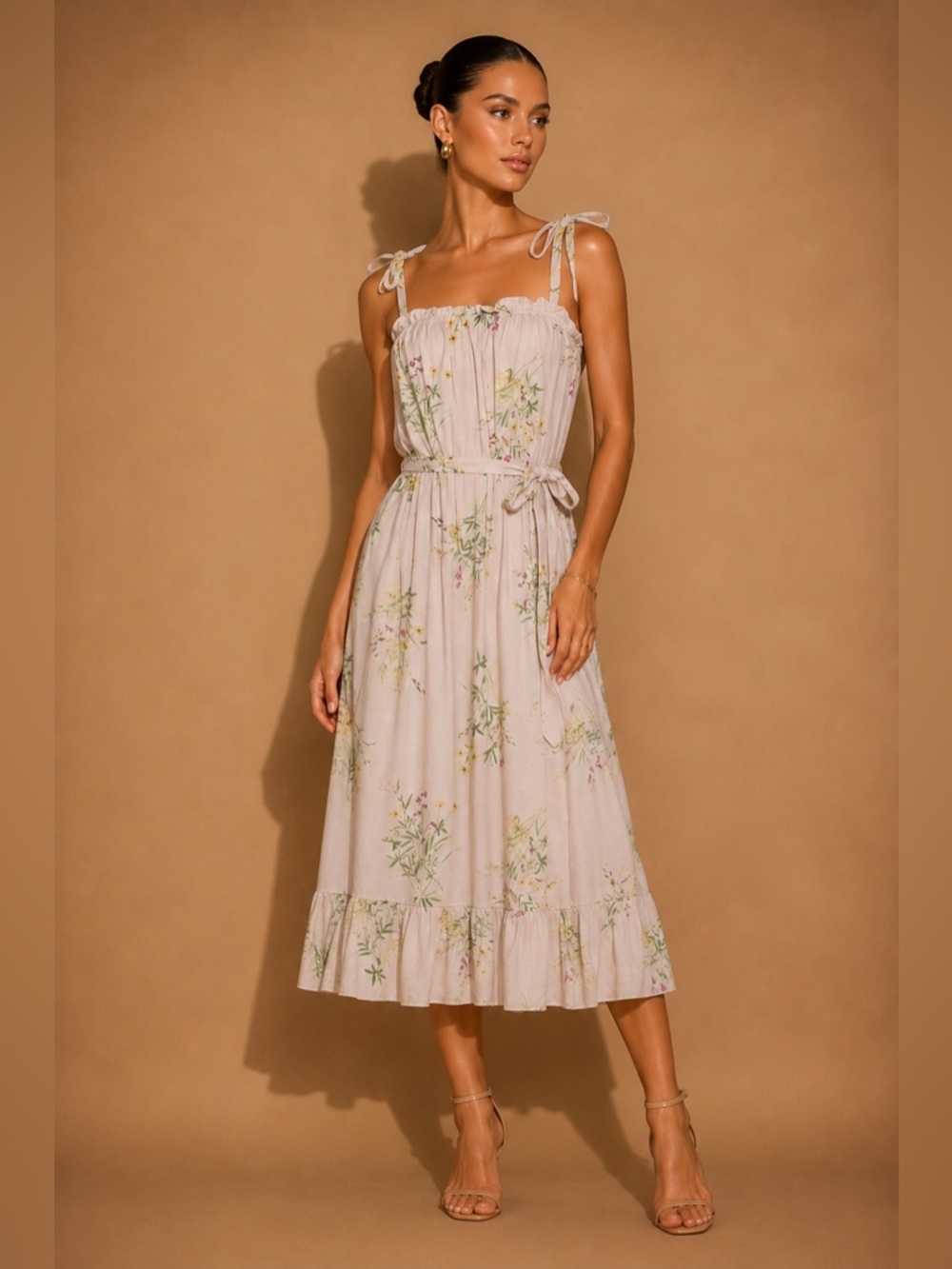a Loves a Cottagecore Floral Belted Tan Jumper Dress NWT Size XSmall